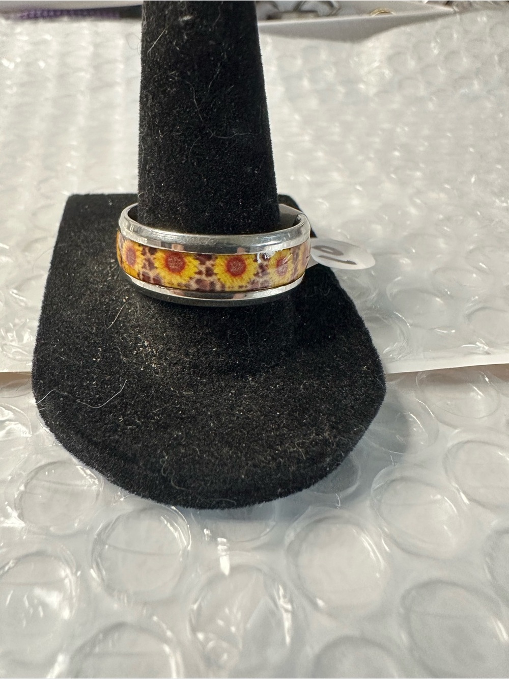 Handcrafted Sunflower Inlay Band Ring - Yellow Floral Design size 10